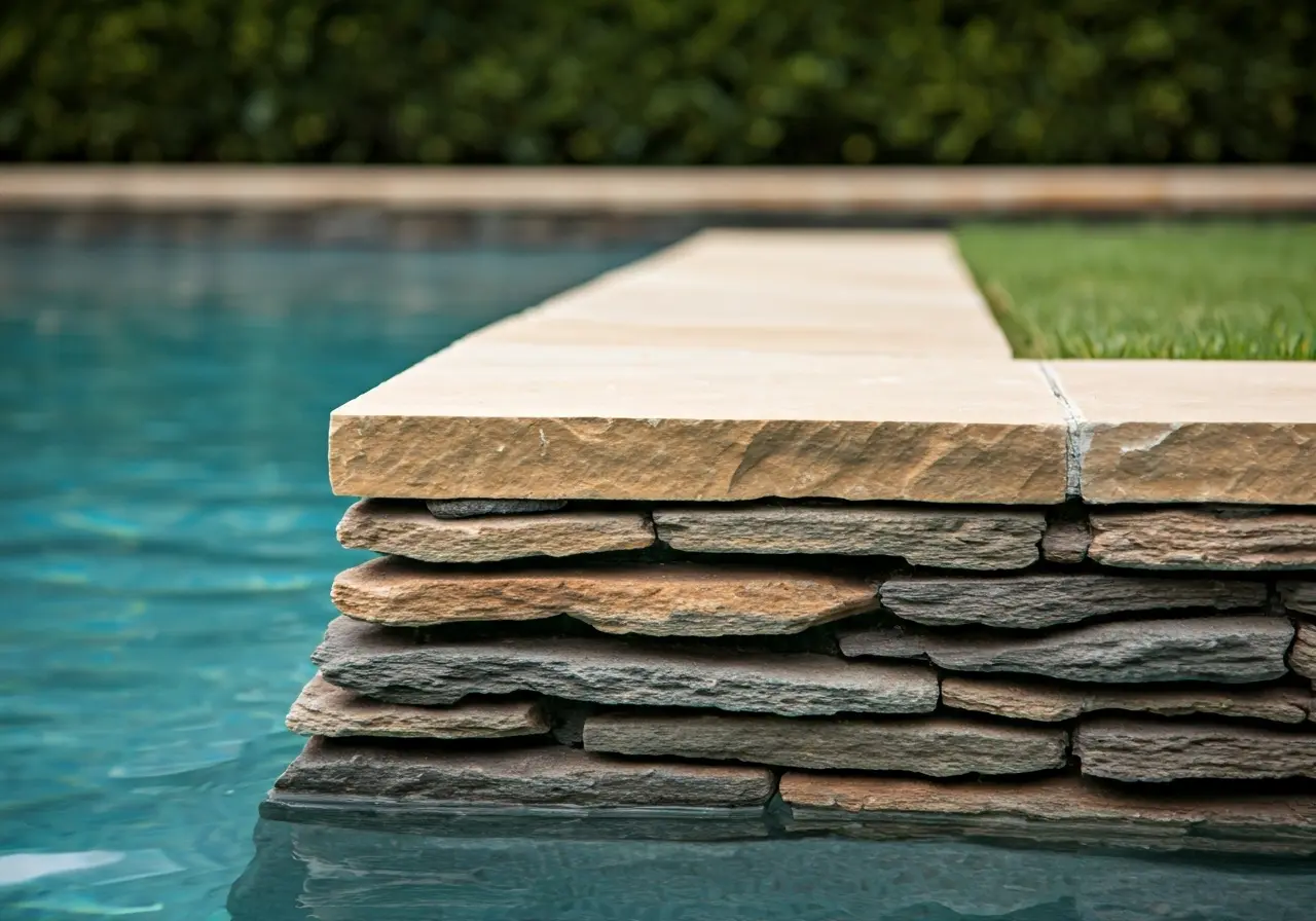 Close-up of a smooth, expertly constructed stone pool wall. 35mm stock photo