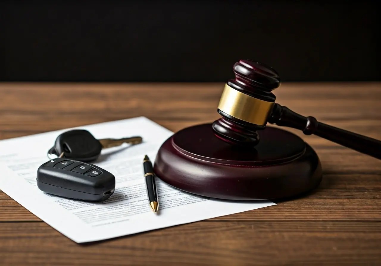 A gavel and car keys on a legal document. 35mm stock photo
