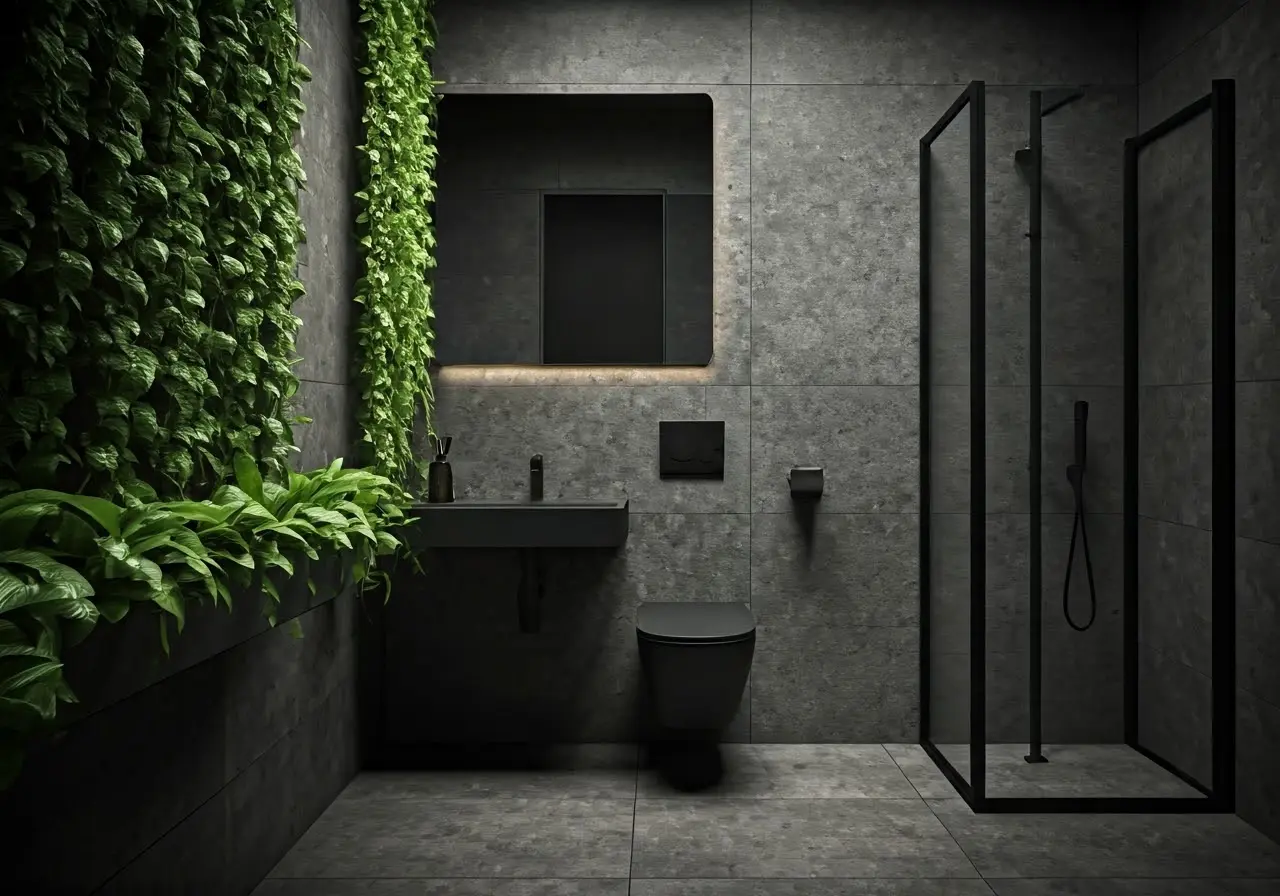 A modern bathroom featuring sleek black fixtures and greenery. 35mm stock photo