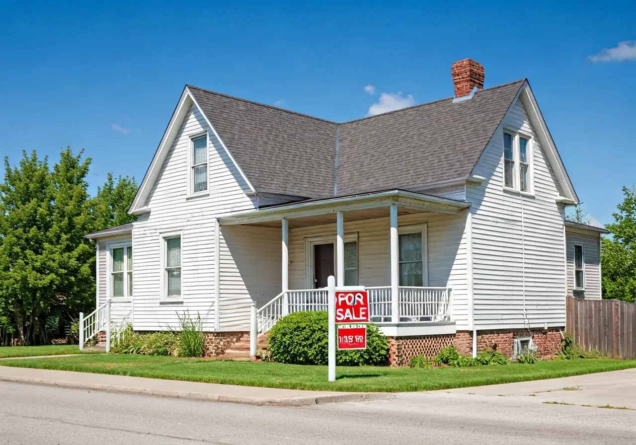 An old house with a For Sale sign outside. 35mm stock photo
