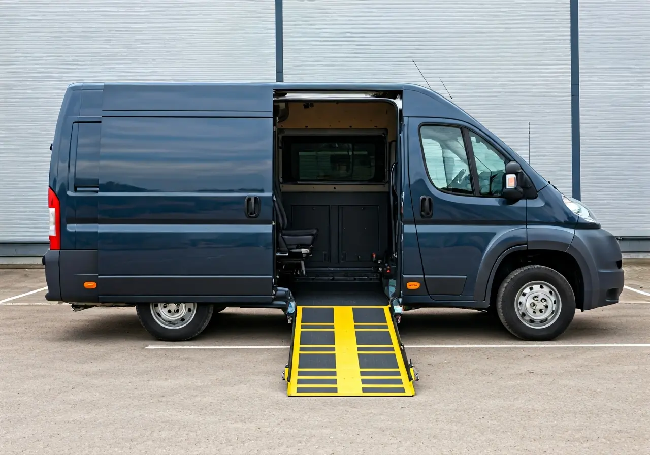 A modern wheelchair accessible van with an easy-to-use ramp. 35mm stock photo