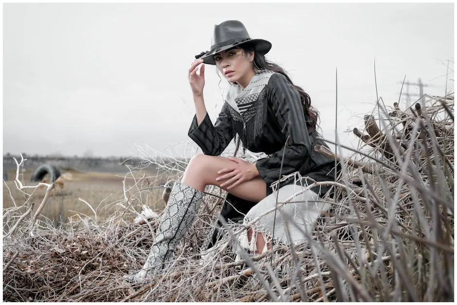 A stylish woman in Western attire poses outdoors in a rural setting with dry grass and hay.