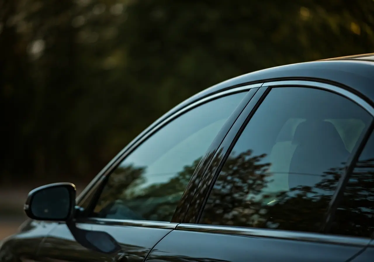 A close-up of a tinted car window reflecting sunlight. 35mm stock photo