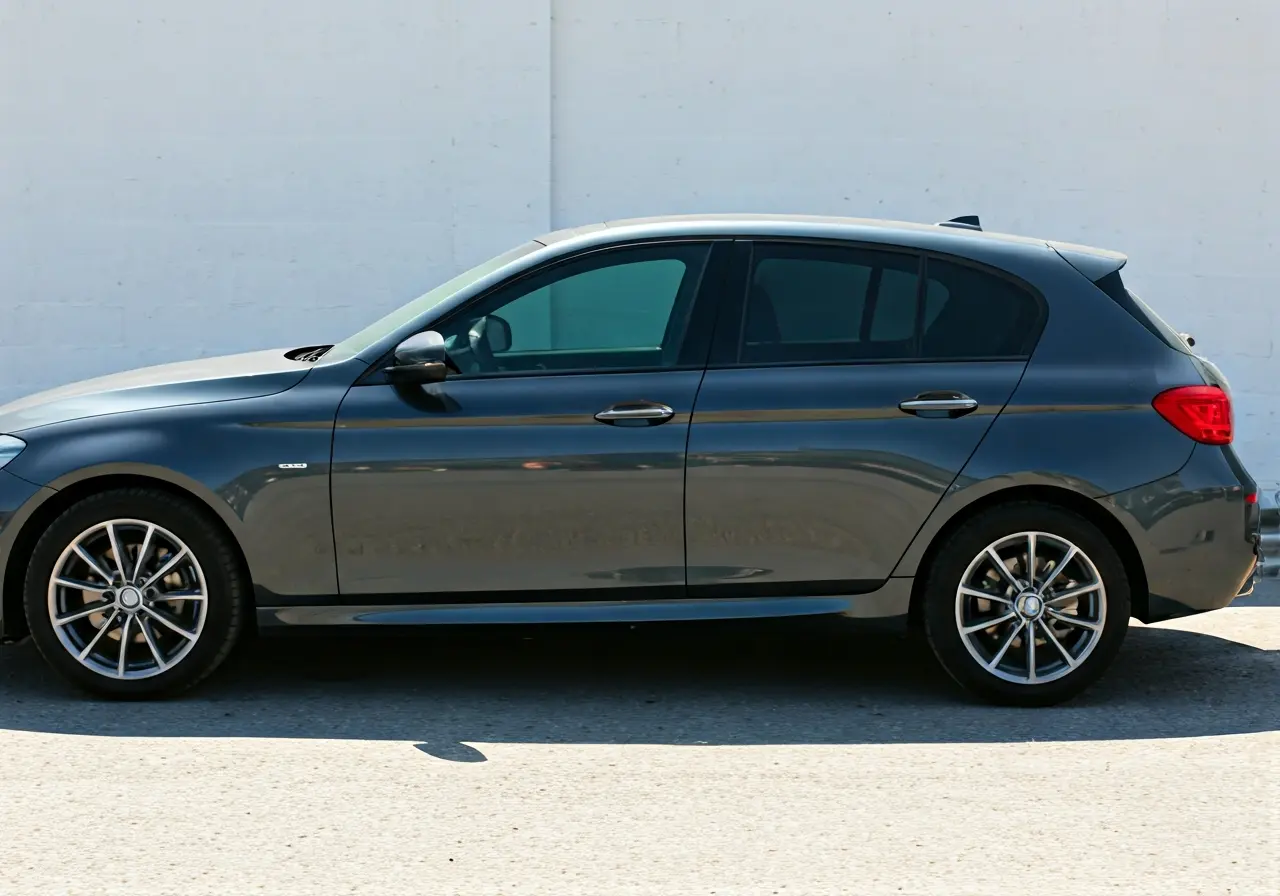A car with tinted windows parked in sunlight. 35mm stock photo