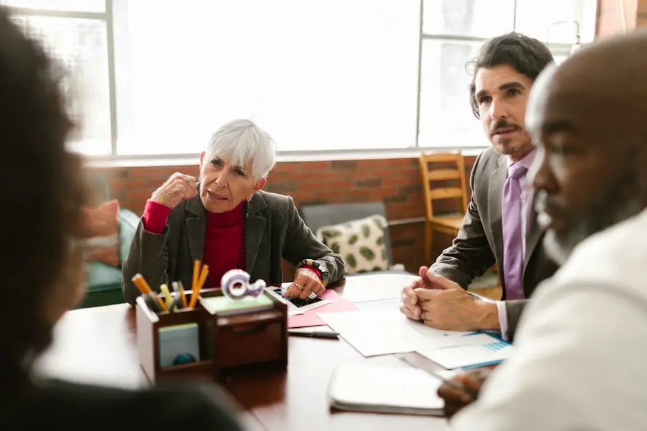 A group of professionals engaging in a collaborative meeting in a contemporary office setting.