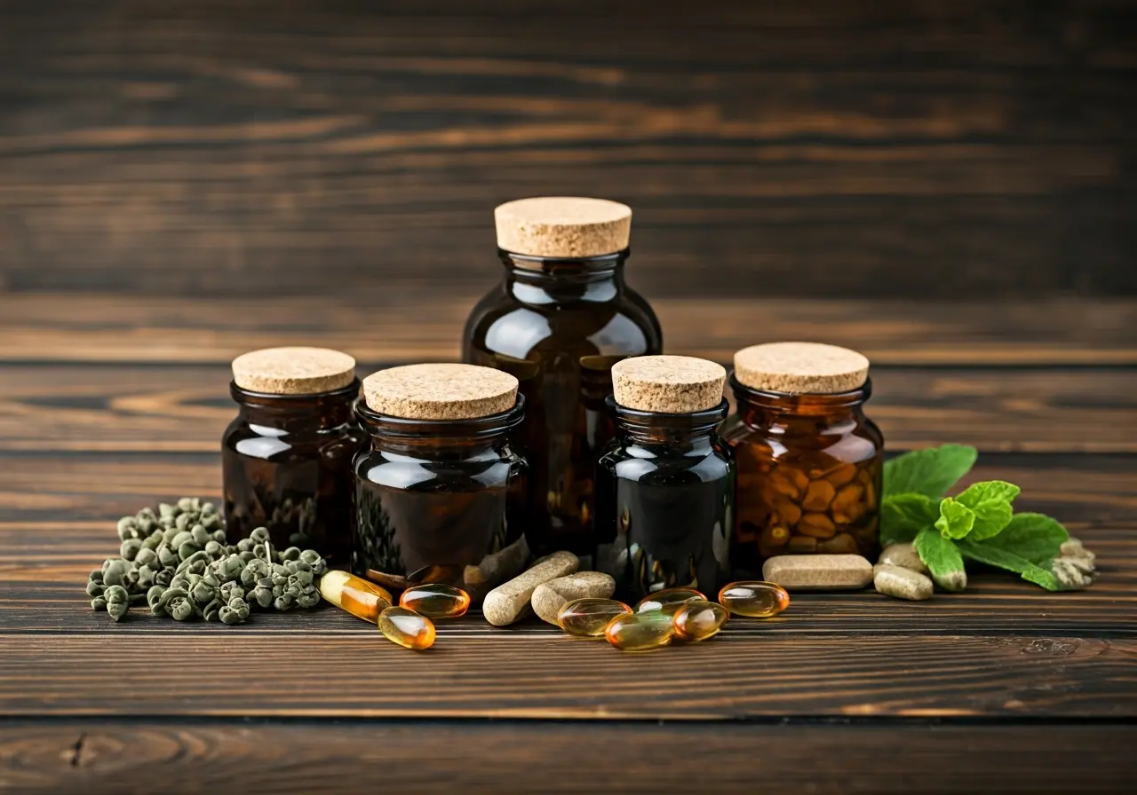 A variety of herbal supplements on a wooden table. 35mm stock photo