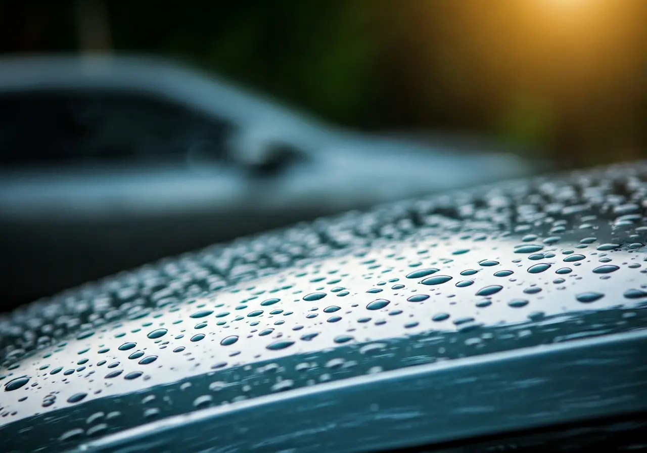 A close-up of a car hood with rain droplets. 35mm stock photo