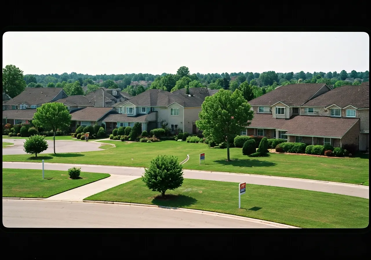 Aerial view of suburban homes with for sale signs. 35mm stock photo