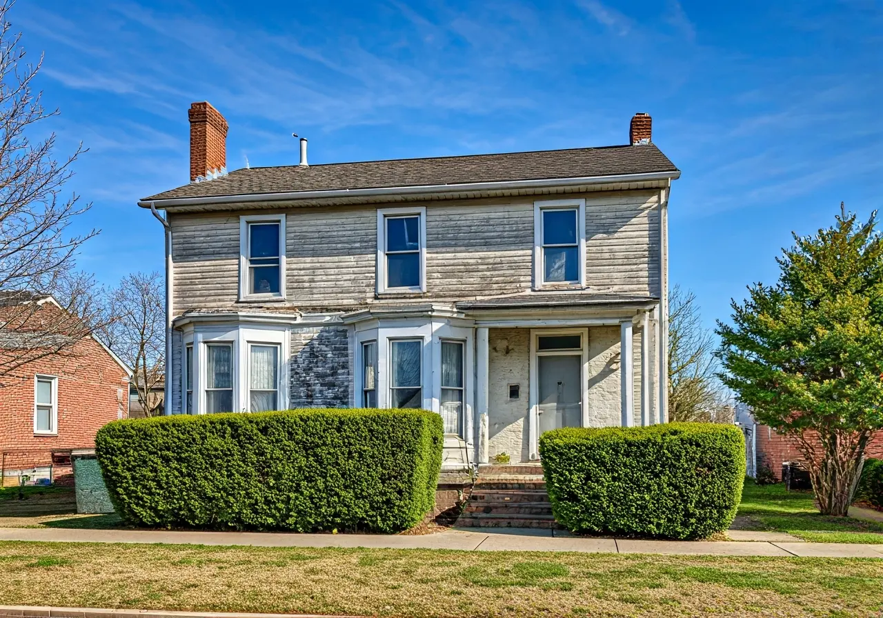 A charming old house with slight wear in a suburban area. 35mm stock photo