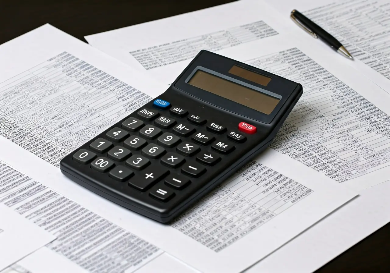 A calculator on a desk surrounded by financial documents. 35mm stock photo