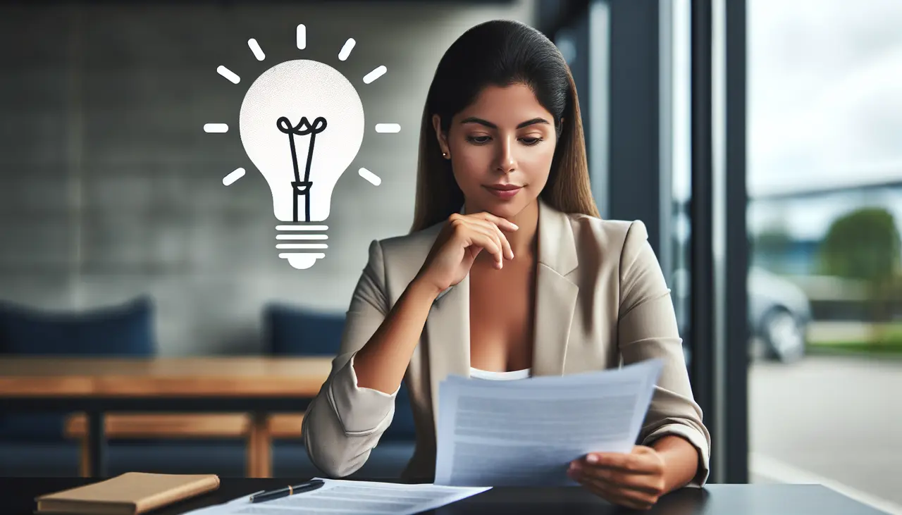 Draw a graphic in flat design style. A confident business professional in an office setting, thoughtfully examining financial documents with a lightbulb icon overhead representing new ideas.