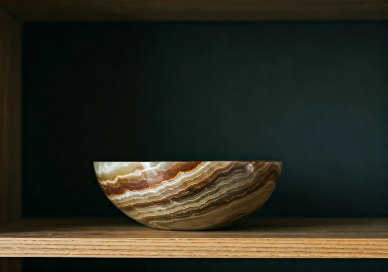A polished onyx bowl on a modern wooden shelf. 35mm stock photo