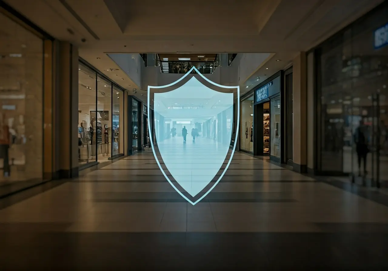 A digital shield icon overlaying a shopping mall scene. 35mm stock photo