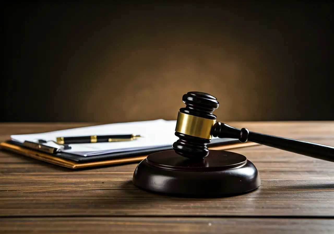A gavel and legal documents on a wooden desk. 35mm stock photo