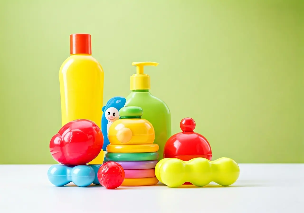 A collection of colorful baby bath toys and products. 35mm stock photo