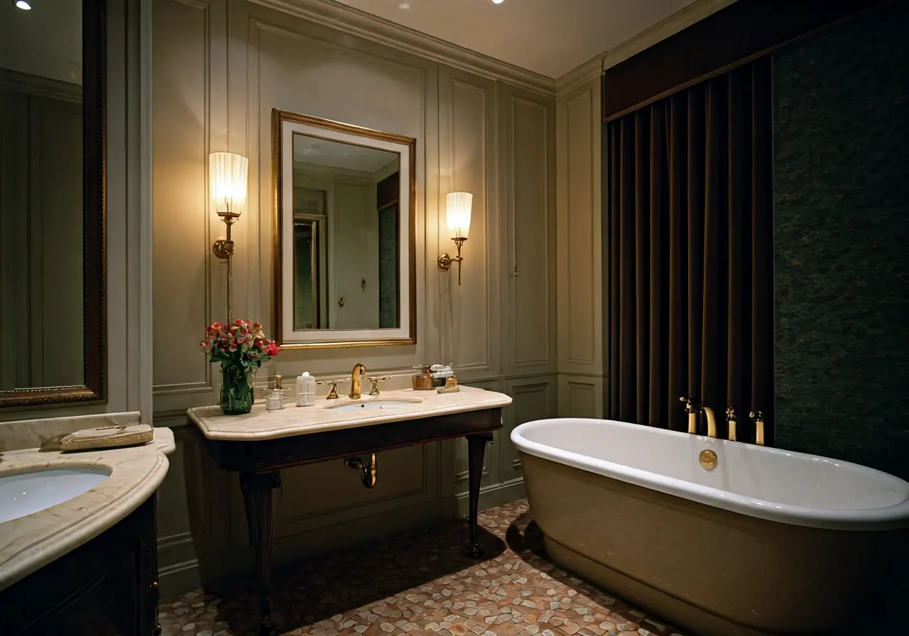 A modern, luxurious bathroom interior with elegant fixtures and decor. 35mm stock photo