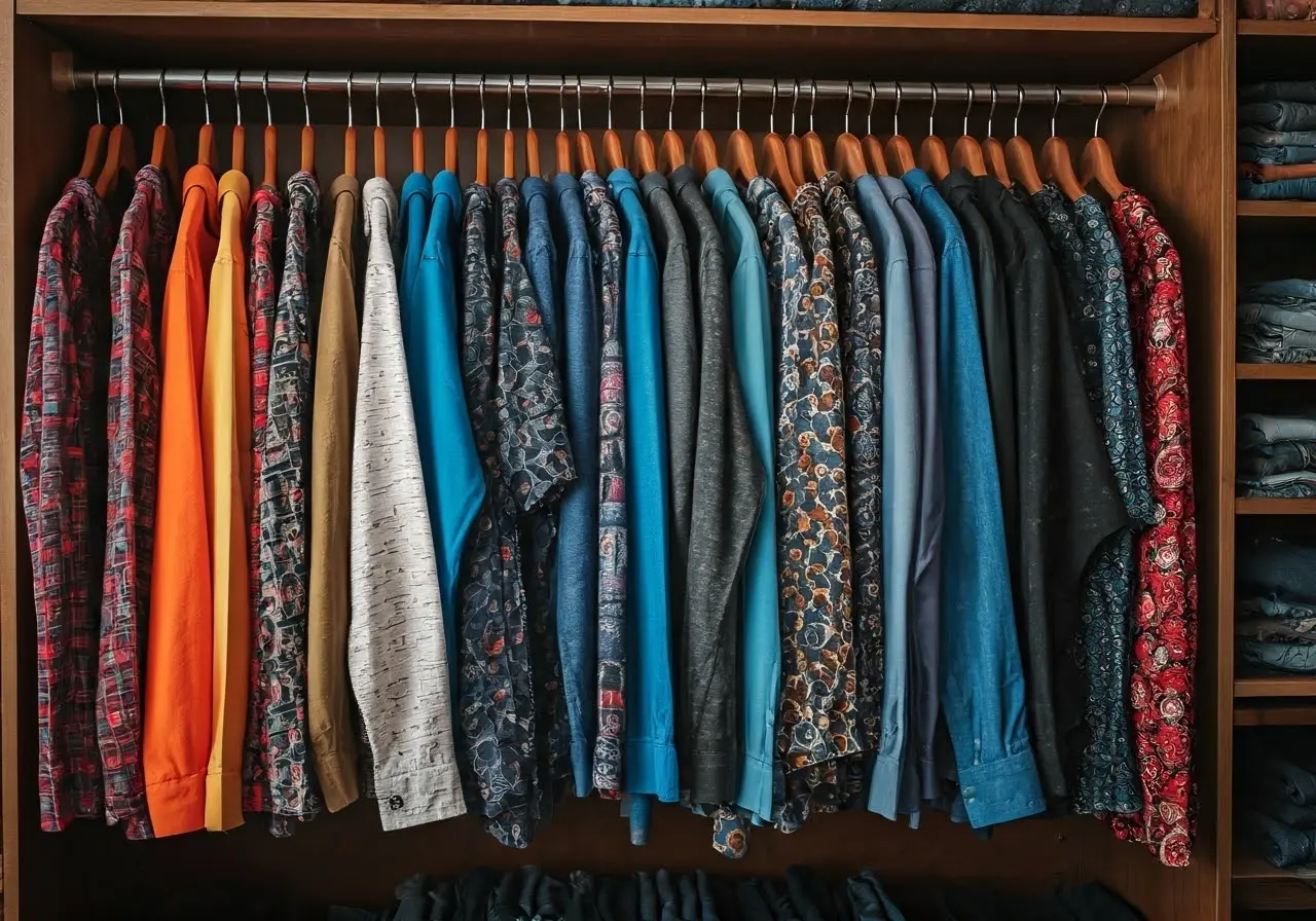 A colorful wardrobe displaying various stylish Jesus-themed shirts. 35mm stock photo