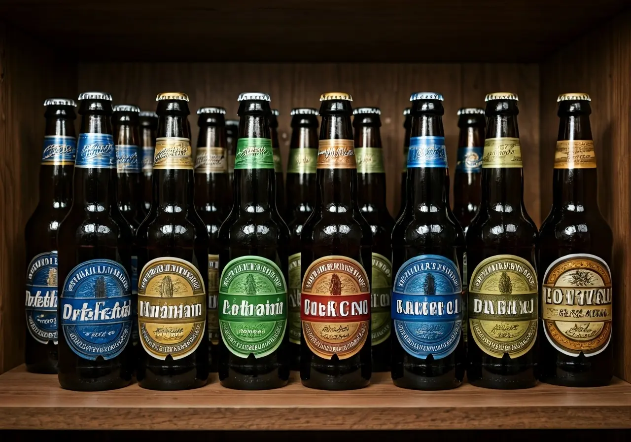 A variety of non-alcoholic beer bottles arranged on a shelf. 35mm stock photo