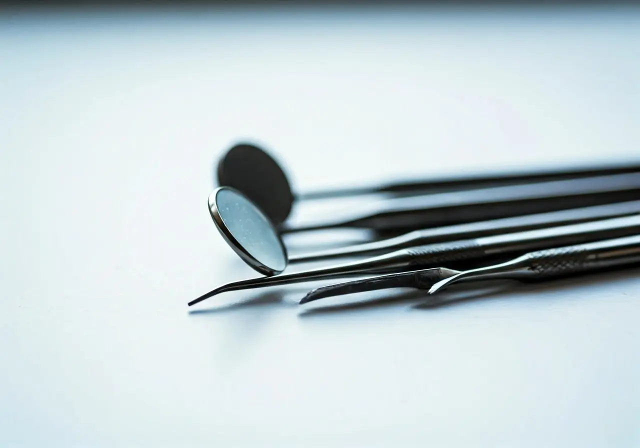 A close-up of dental tools on a clean, white surface. 35mm stock photo