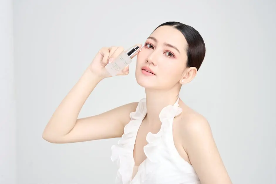 Serene model holding skincare product in modern beauty photoshoot.