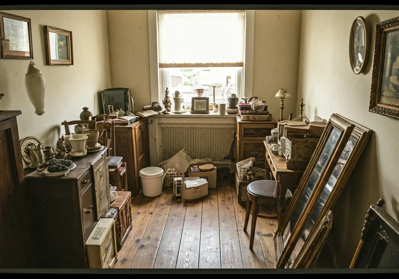 A cluttered room with items ready for an estate sale. 35mm stock photo