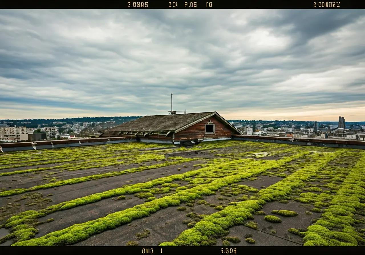 A worn-out, moss-covered rooftop under a cloudy Seattle sky. 35mm stock photo