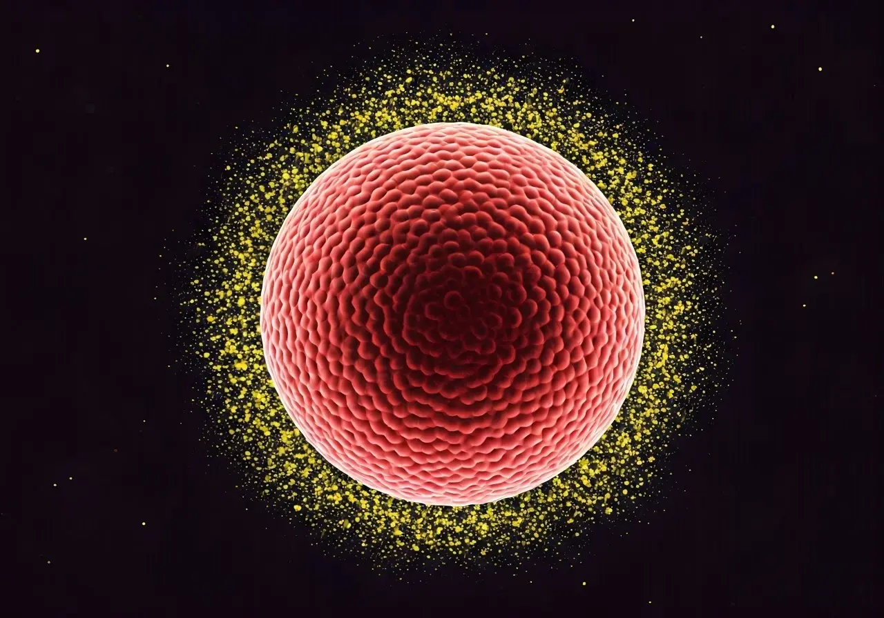 A vibrant bone marrow cell surrounded by glowing particles. 35mm stock photo