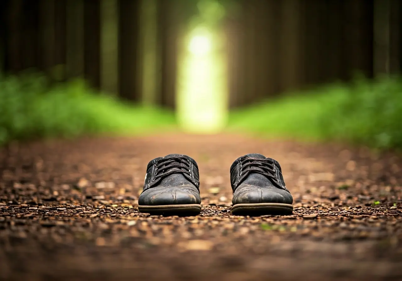 A pair of barefoot shoes on a natural forest path. 35mm stock photo