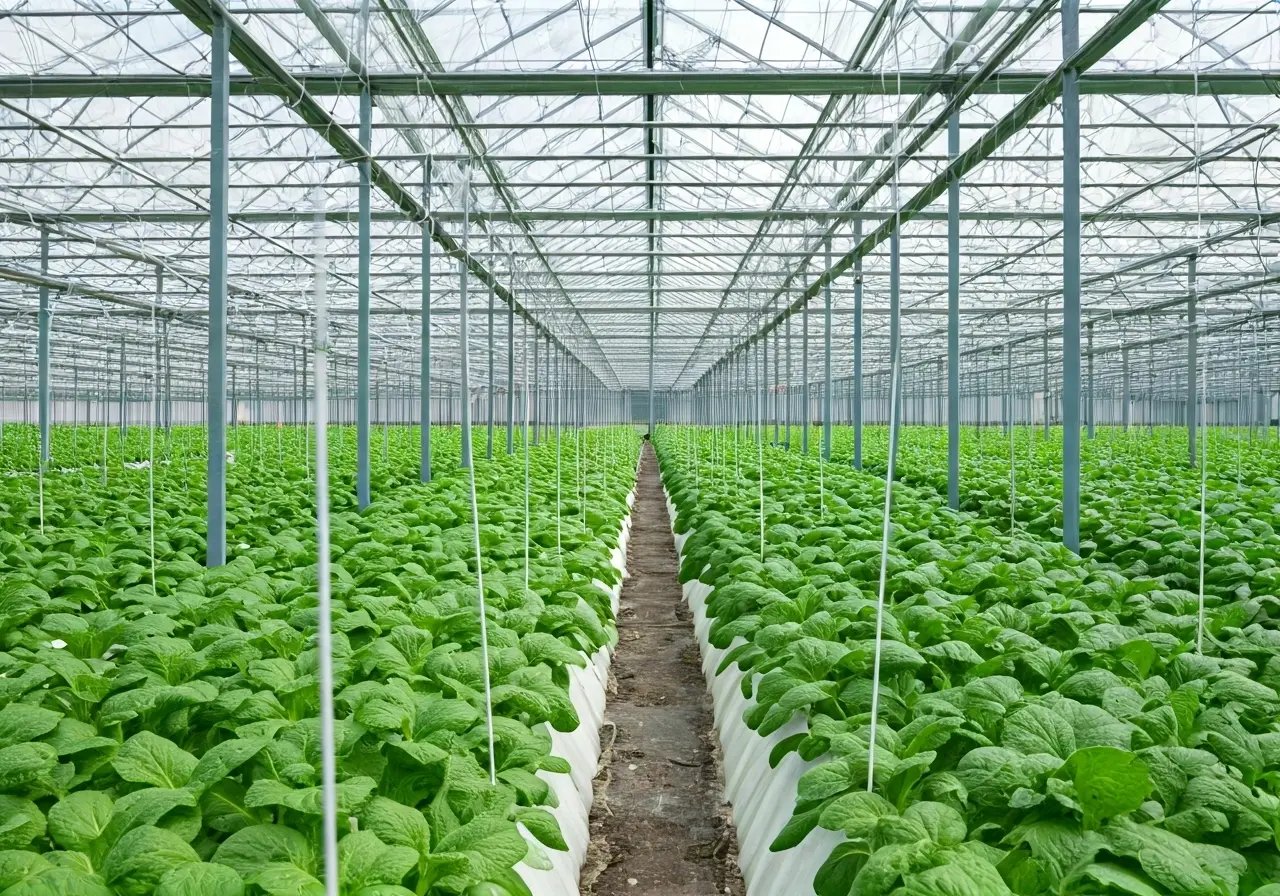 A modern greenhouse with advanced cultivation technology in use. 35mm stock photo