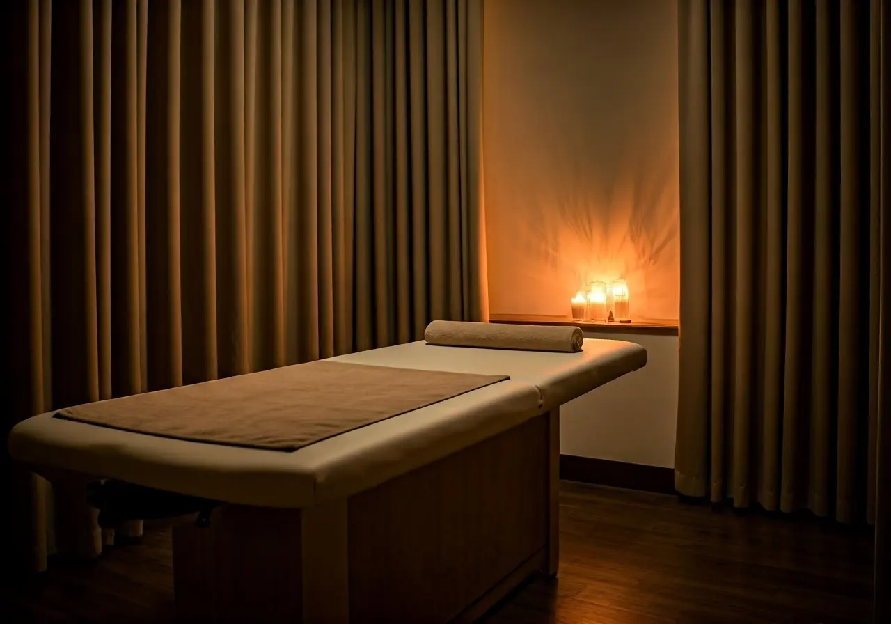 A serene massage room with soft lighting and calming decor. 35mm stock photo
