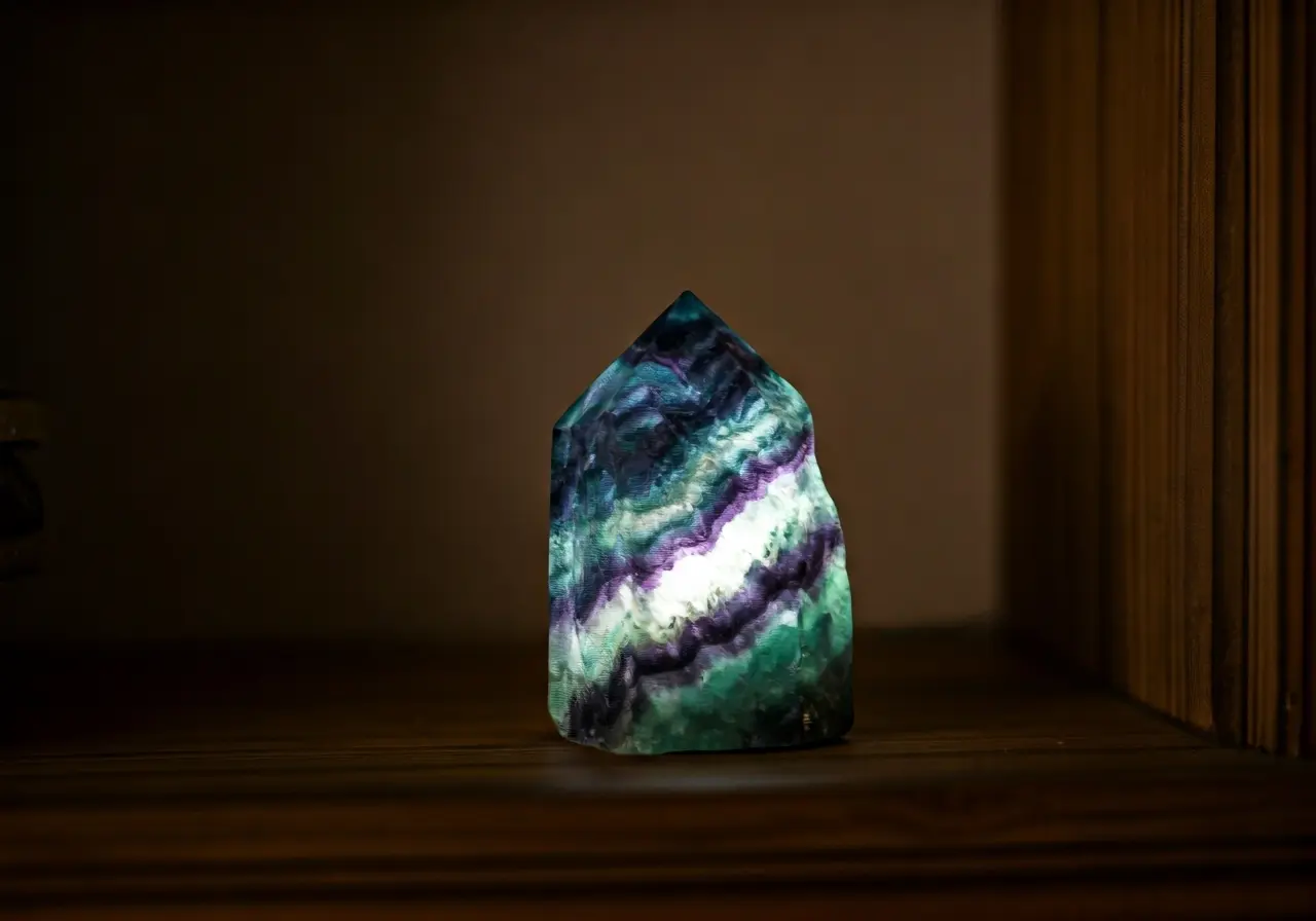 A glowing fluorite crystal on a wooden living room shelf. 35mm stock photo