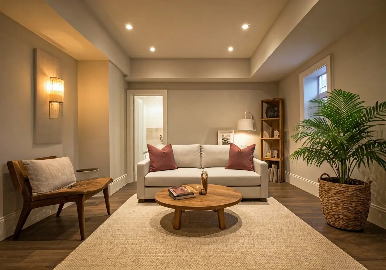 A cozy basement with stylish modern decor and lighting. 35mm stock photo