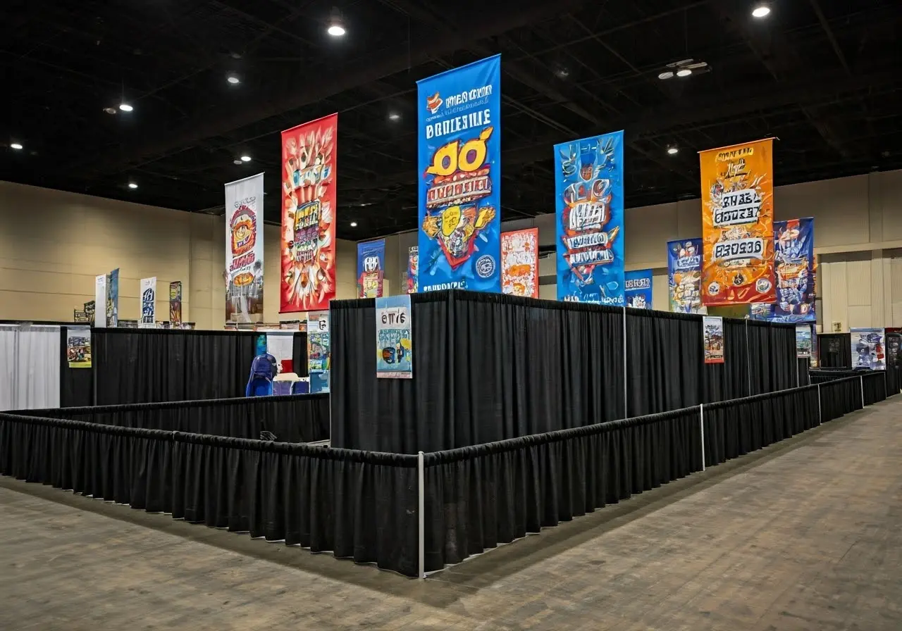 Colorful convention booths and banners in a bustling Las Vegas venue. 35mm stock photo