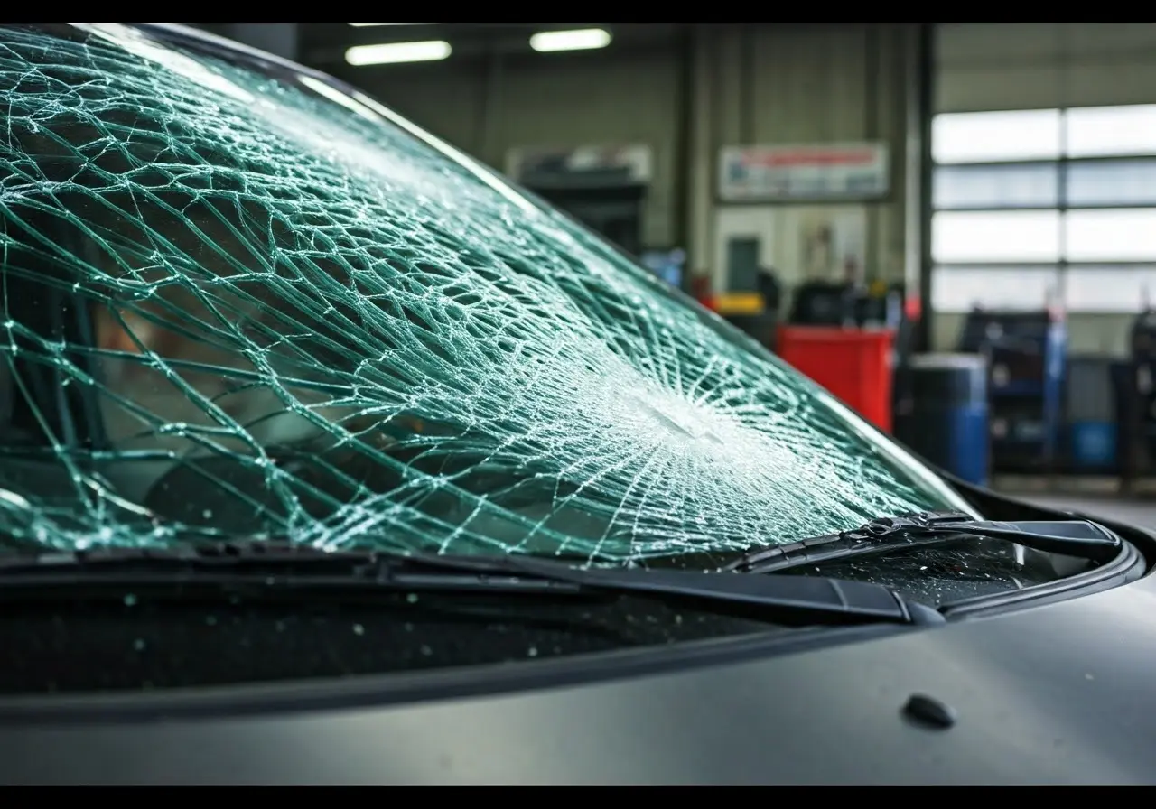 A shattered car windshield with a repair shop in background. 35mm stock photo