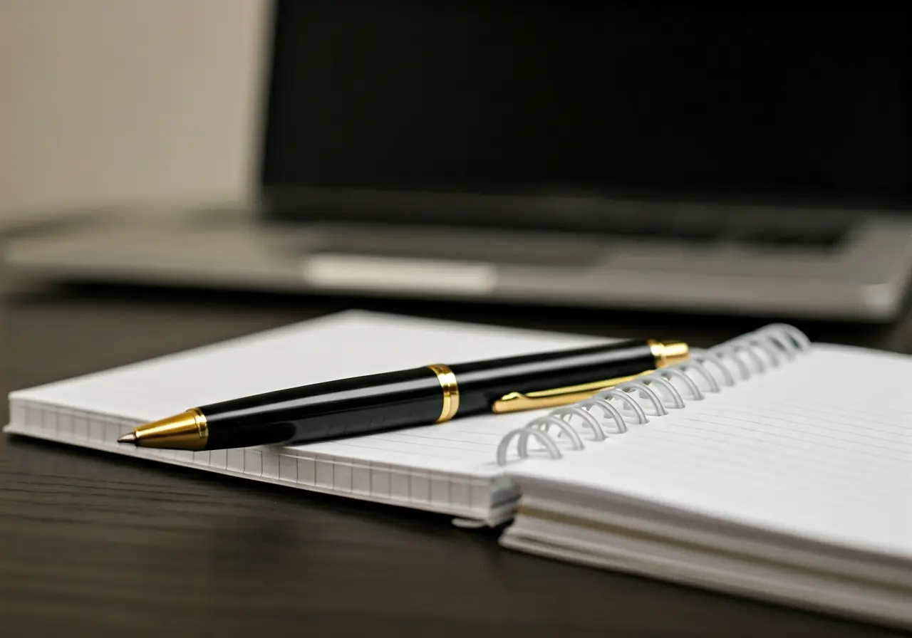 A pen and notebook on a desk with a laptop. 35mm stock photo
