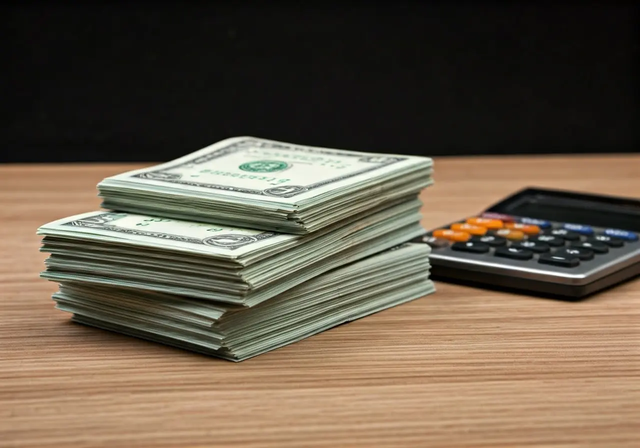 A stack of dollar bills and a calculator on desk. 35mm stock photo