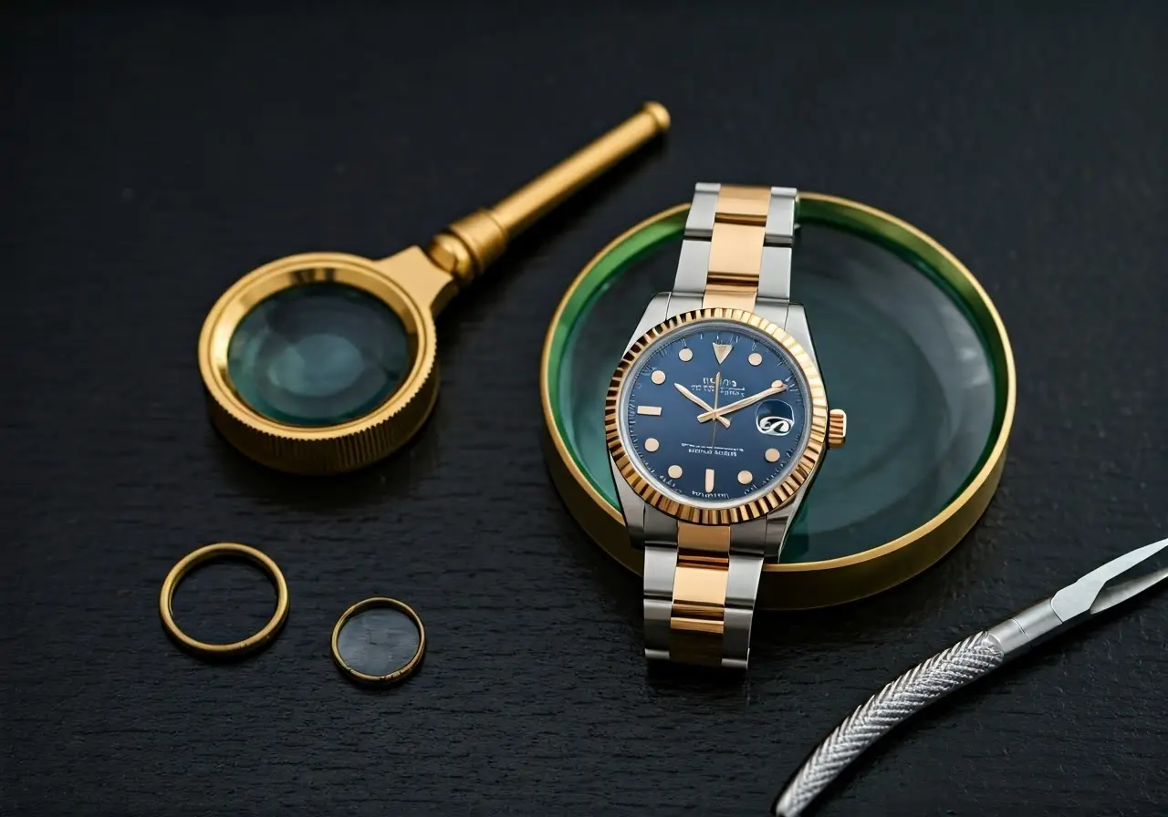A Rolex watch displayed alongside a magnifying glass and jewelry tools. 35mm stock photo