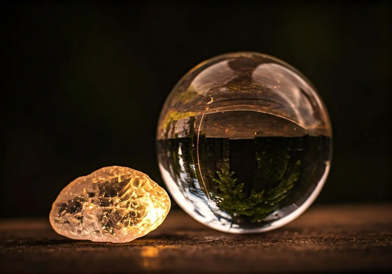 A mystical crystal ball beside a translucent alum stone. 35mm stock photo