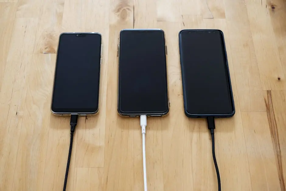 Three smartphones connected to chargers on a wooden surface, showcasing modern technology