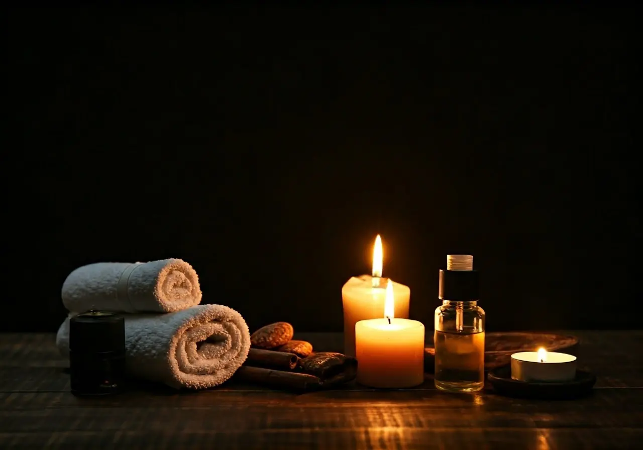 A serene spa setting with calming candles and essential oils. 35mm stock photo