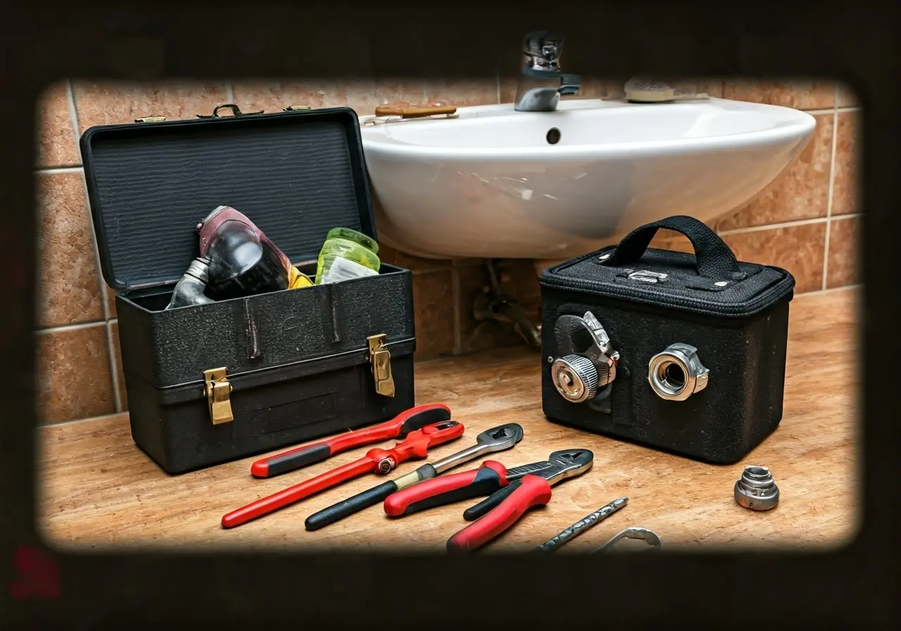 Close-up of a plumber’s toolkit next to a bathroom sink. 35mm stock photo