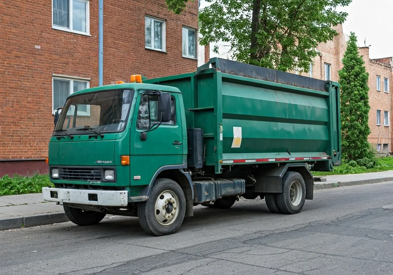 A green truck collecting debris in an urban neighborhood. 35mm stock photo