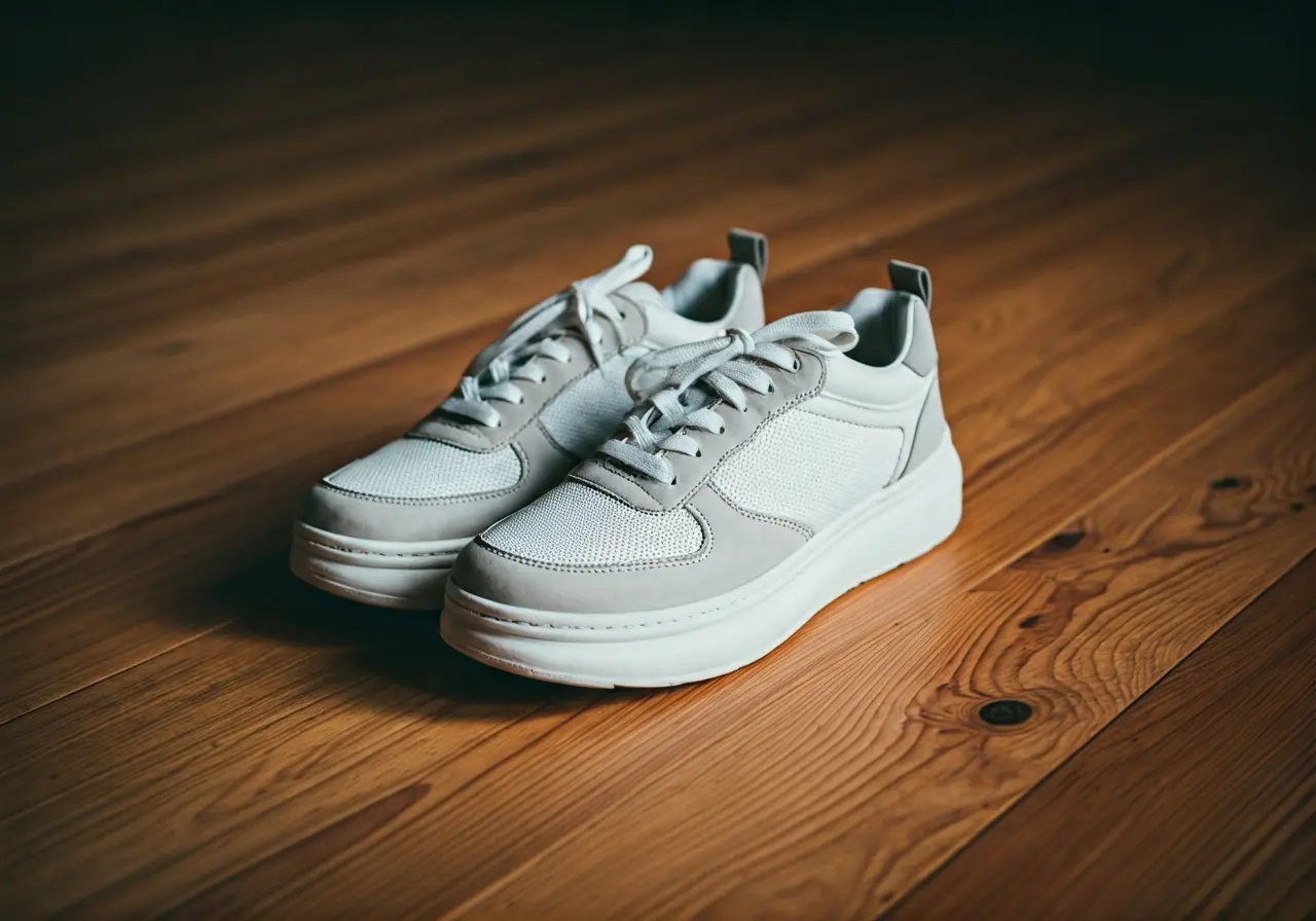 A pair of wide toe box sneakers on a wooden floor. 35mm stock photo