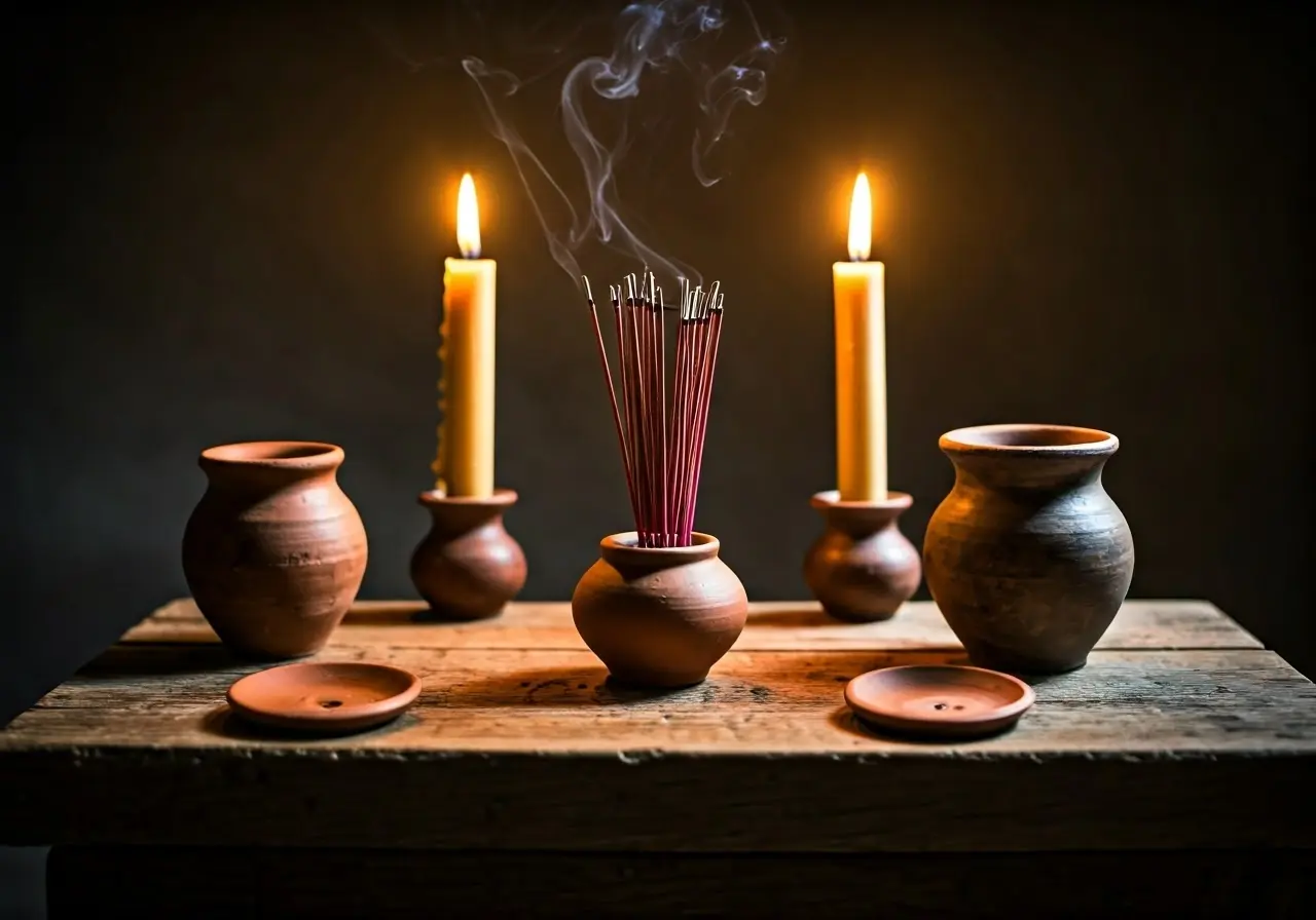 A serene altar with clay incense holders and candles. 35mm stock photo
