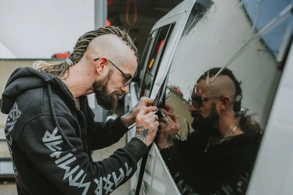 A man with dreadlocks applies tint to a vehicle window, focused and precise.