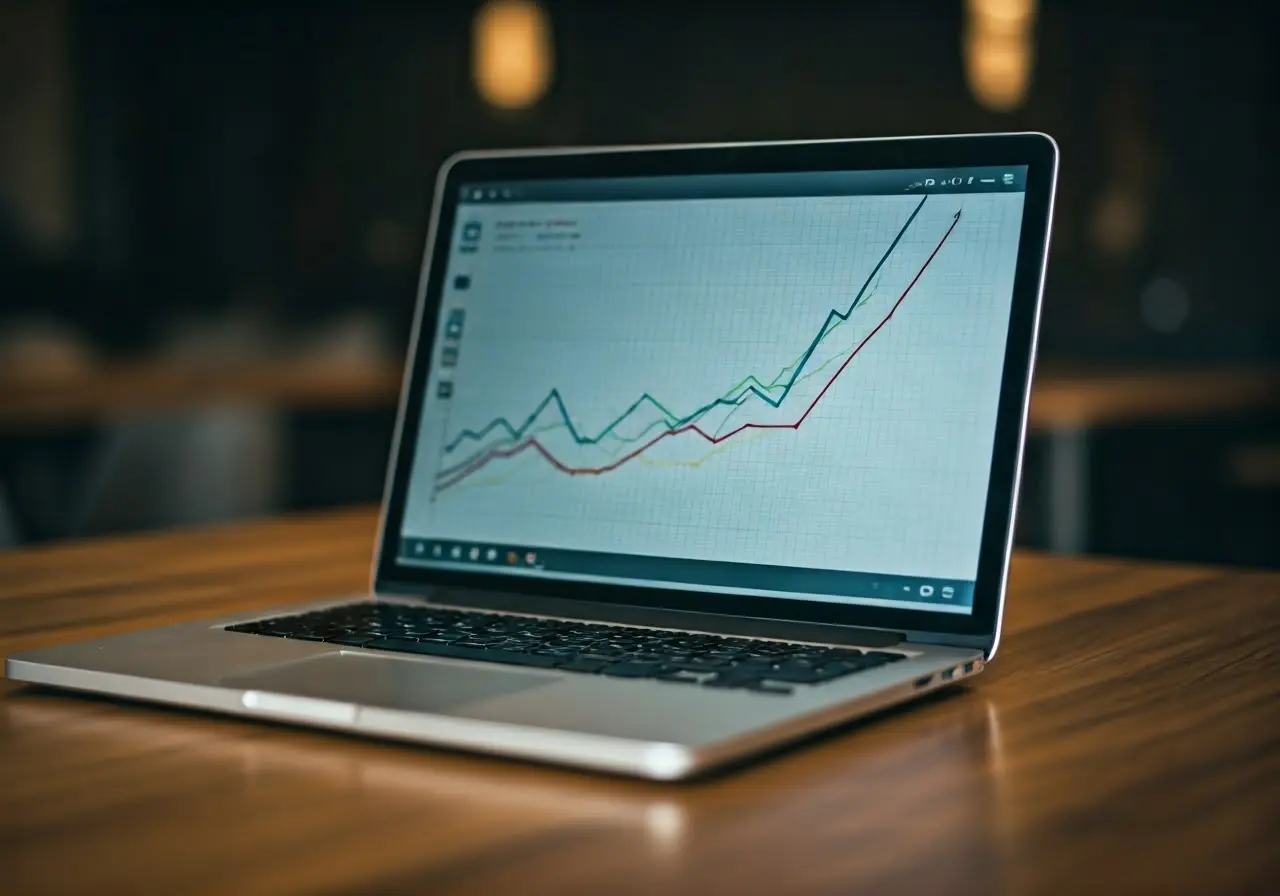 A laptop displaying an upward trend graph on the screen. 35mm stock photo