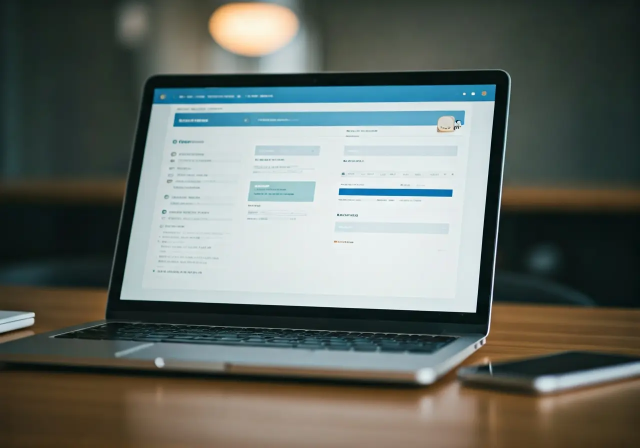 A laptop displaying an online course platform on a desk. 35mm stock photo