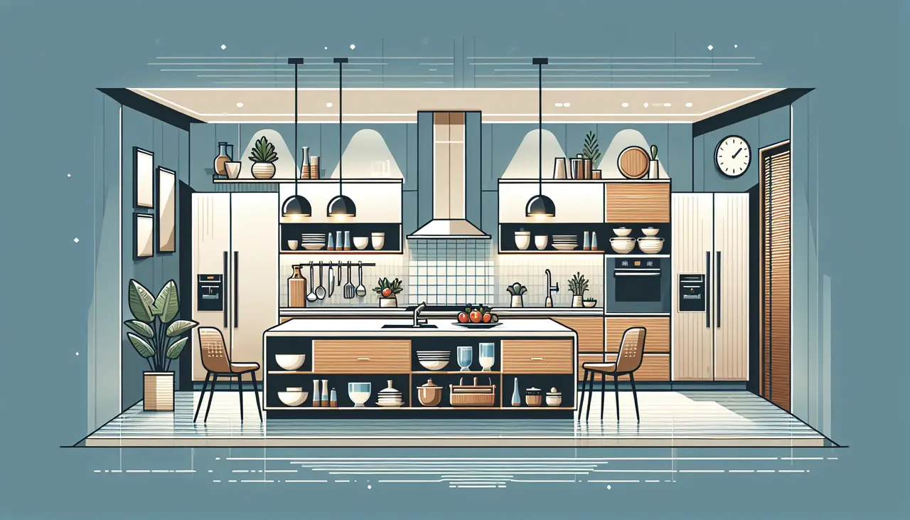 Draw a graphic in flat design style. A modern flat design kitchen with sleek cabinets, an island, and ambient lighting, featuring highlighted tips in small, tasteful callouts.