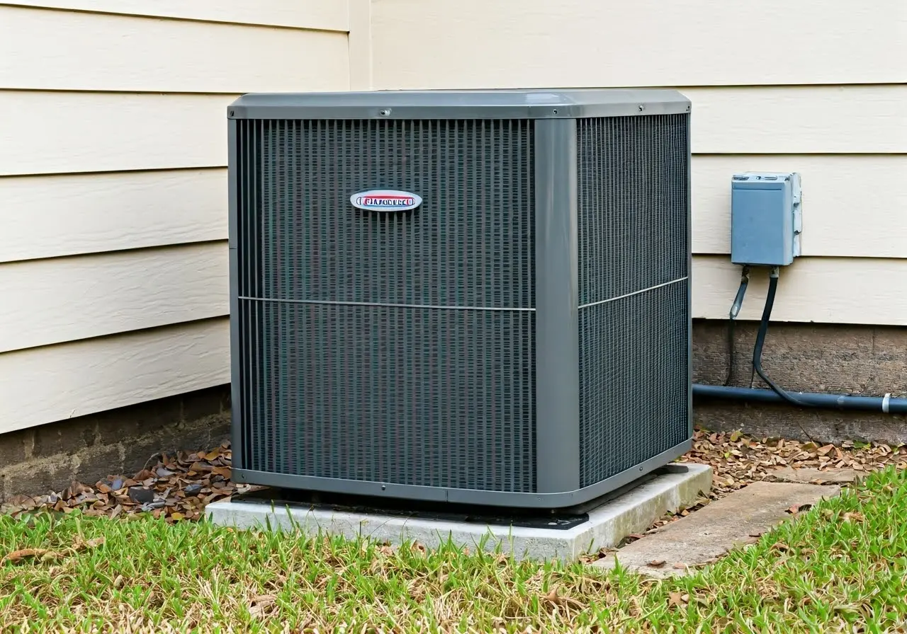 A well-maintained HVAC unit outside a home in Georgia. 35mm stock photo
