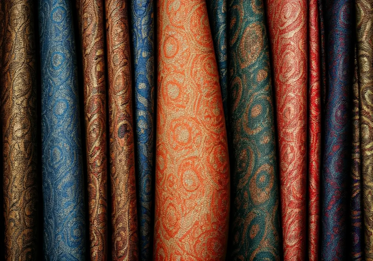 A close-up of colorful patterned scarves draped on a mannequin. 35mm stock photo